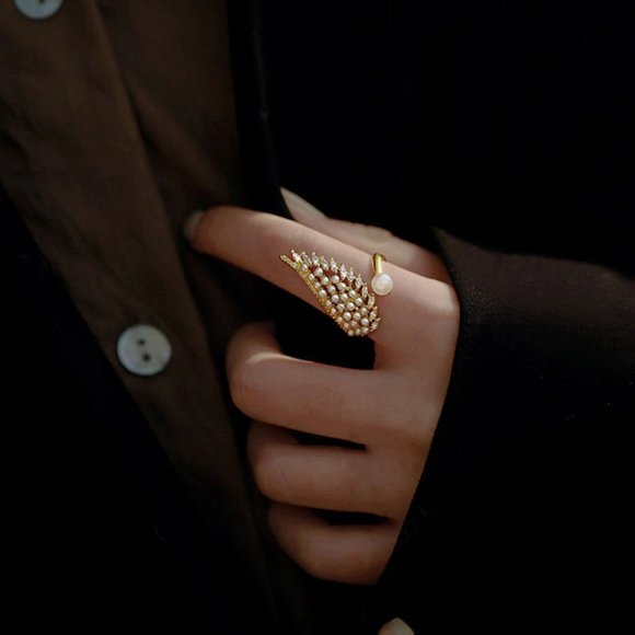 luxury pearl zircon stylish and unusual jewelry opening adjustable ring - Picture 2 of 6